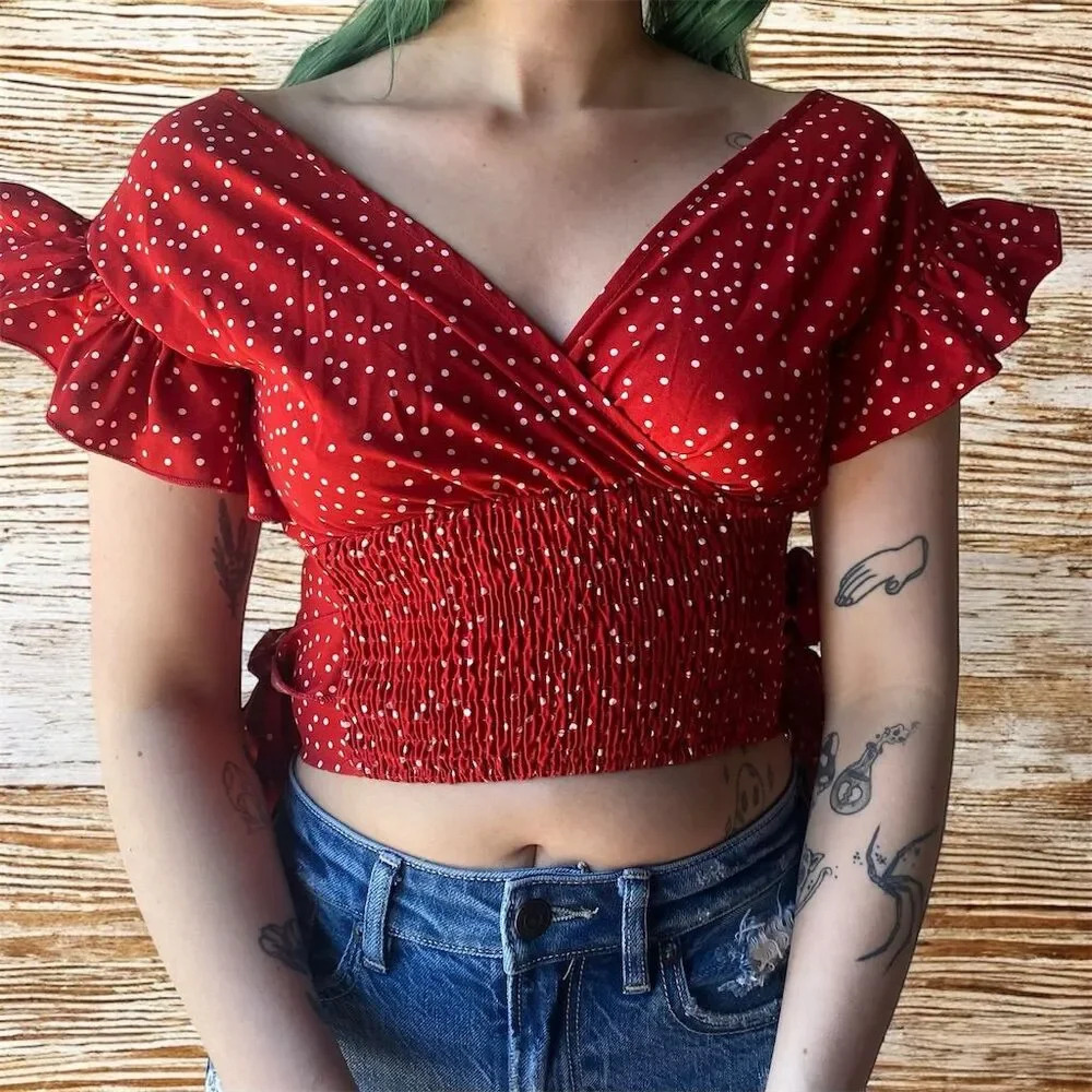 Shein Women's Red Polka Dot Ruffle Sleeve Crop Top Size XS